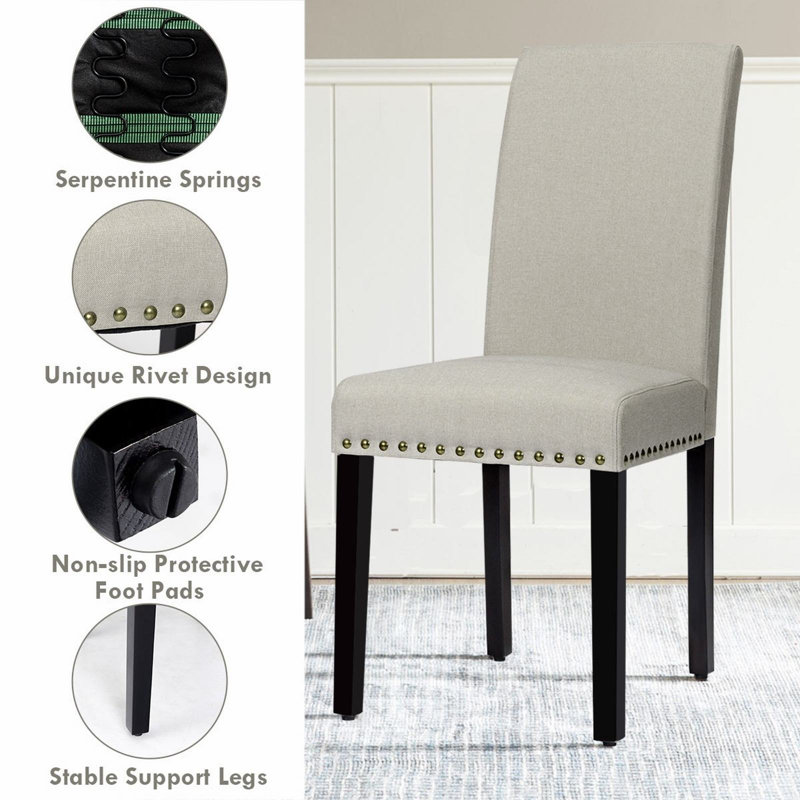Chaises de salle à manger rembourrées en tissu avec têtes de clou, Beige