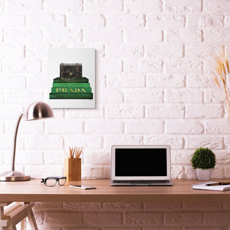 «Fashion Designer Purse Bookstack Green Black», impression, H 20 po x l 16 po, Toile tendue