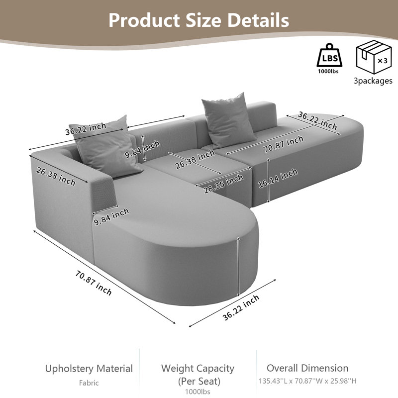 Canapé modulaire en L de 135 po avec méridienne modulaire en forme de L et méridienne pour 5 places, sans nuage