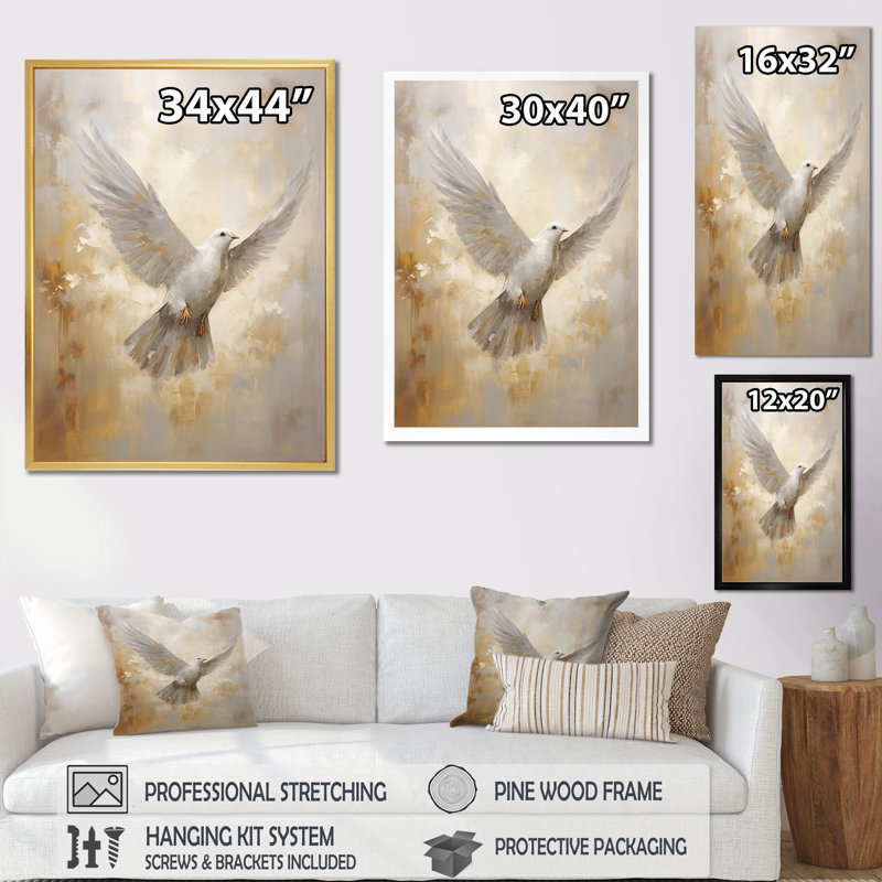 Tranquil Dove Harmony - art mural toile colombe, Cadre flottant doré, H 32 po x l 16 po x P 1 po
