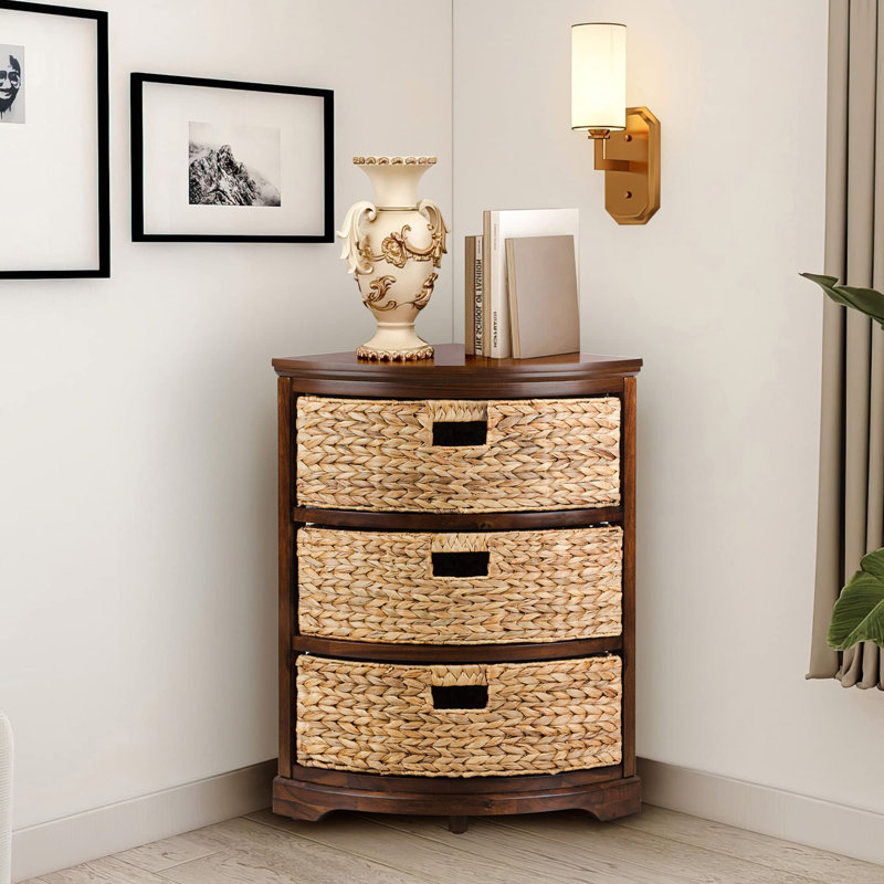 Armoire de rangement à 3 niveaux avec 3 paniers en osier, Noyer