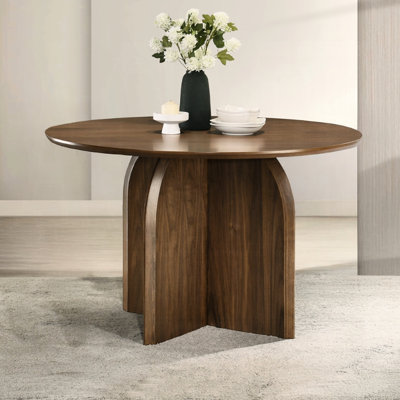 Round Dark Walnut Dining Table, Fixed Top, Rubber Wood And Solid Wood, 47x47x30 Inches, 100lbs Weight Capacity Table For Dining, Surface, Veneer 47 In