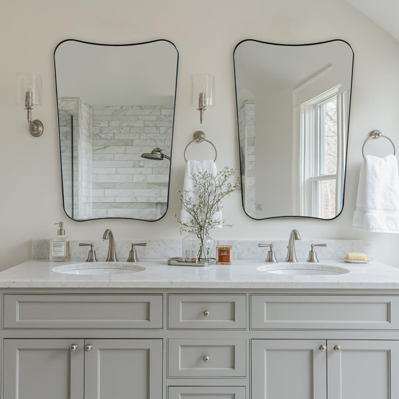 Miroir de salle de bain Contemporary Cadre en acier inoxydable, 38 po x 26 po, Nickel brossé
