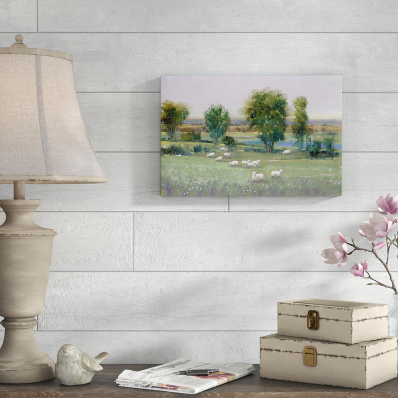 Field Of Sheep I by Timothy O' Toole - Painting, 20cm H x 30cm W, Wrapped Canvas