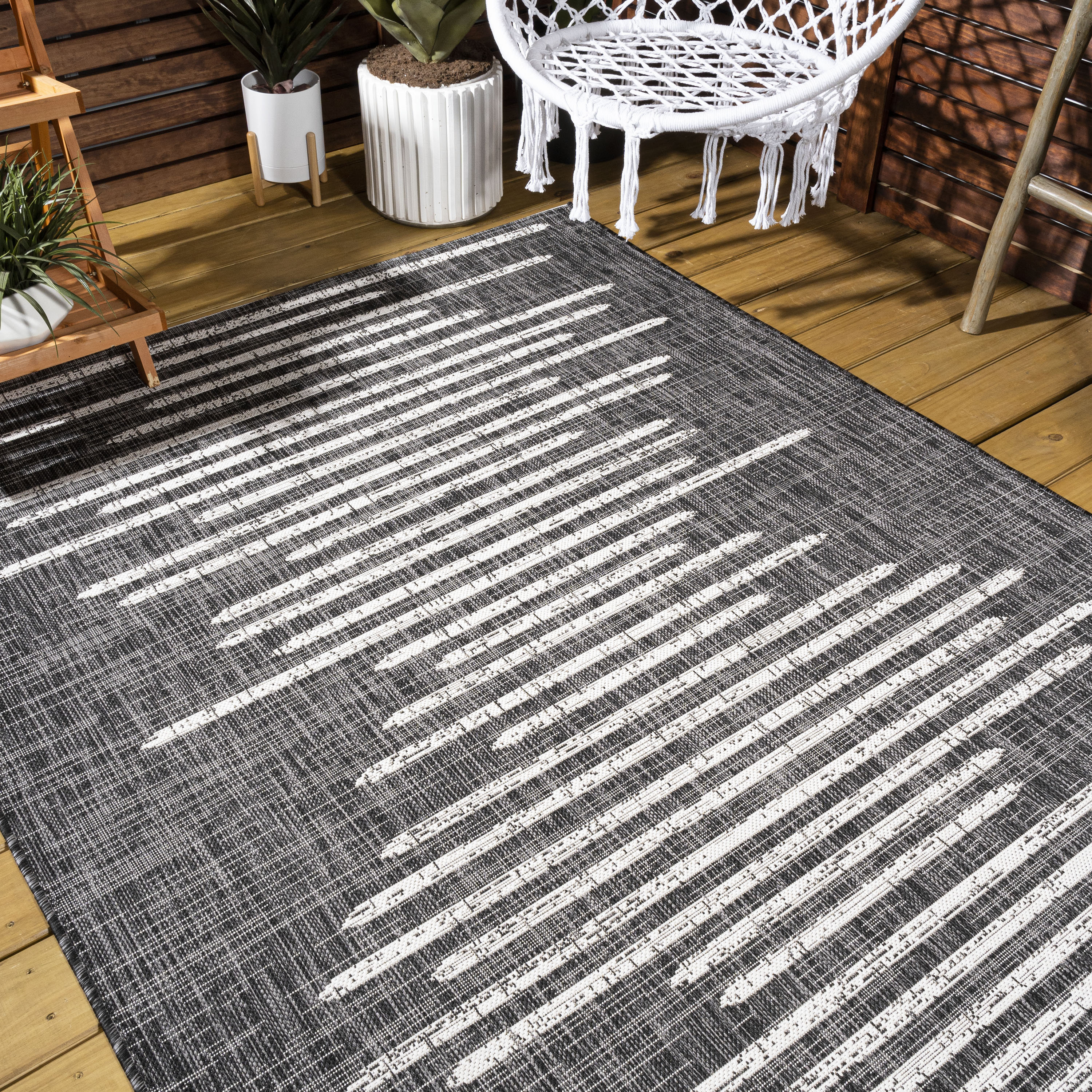 Black Navy Blue Grey Outdoor Rug for Patio/Deck/Porch, Non-Slip Large Area  Rug 5 x 8 Ft, Modern White Striped Geometric Art Indoor Outdoor Rugs