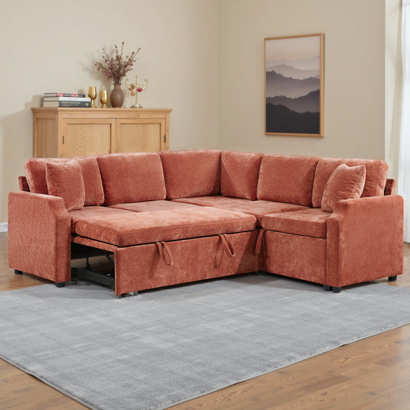 81.9" L-Shaped Sectional Sofa Bed with Storage – Chenille Upholstered Convertible Sleeper, 4-Seat Modular Couch with Hidden Compartment & Throw Pillows for Living Room