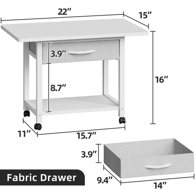 Support d'imprimante de 22 po de largeur avec tiroir de rangement et roulettes Maylin, Blanc / gris clair