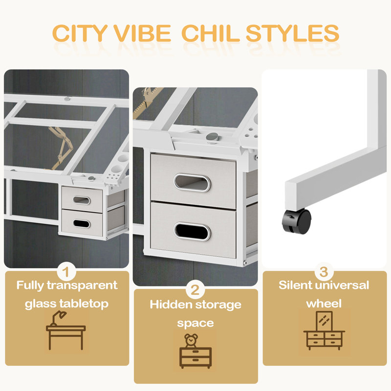 Bureau de dessin réglable réglable avec 2 tiroirs en tissu et 4 roulettes, Blanc