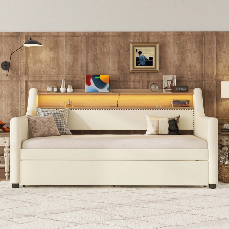 Twin Size Daybed with Trundle, Equipped with Charging Station and LED Lights for Enhanced Comfort and Functionality in Your Room