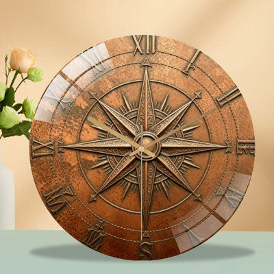 Horloge murale silencieuse en verre trempé de 30 cm, « Vintage Copper Compa », sans tic-tac, fonctionne avec des piles AA (non incluses), décoration artistique pour la maison
