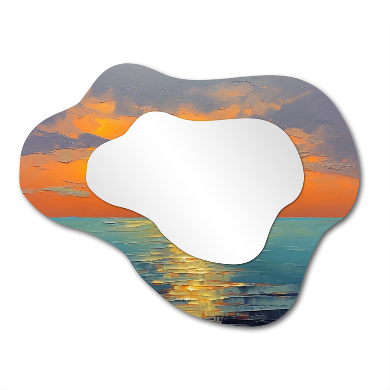 Coastal Serenity Orange Sunset Blue Serene Waves - grand miroir mural coucher de soleil, miroir asymétrique traditionnel, impression sur métal