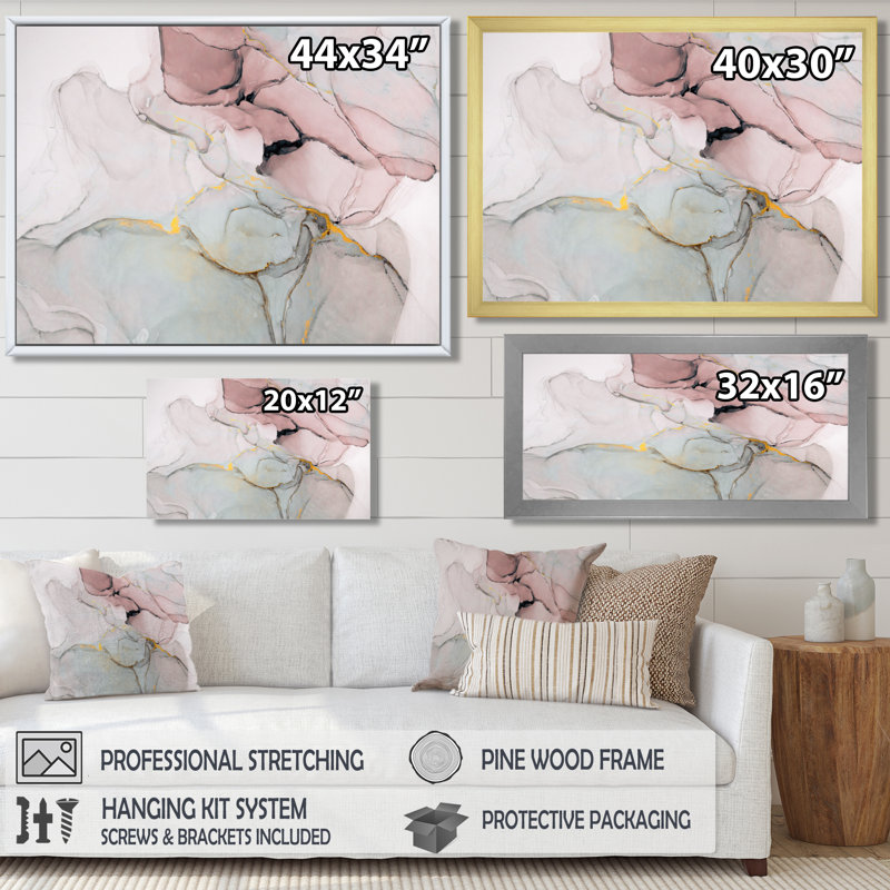 «Pink and Golden Marble Ripples II», impression sur toile, Reproduction avec cadre flottant, H 12 po x l 20 po, Blanc