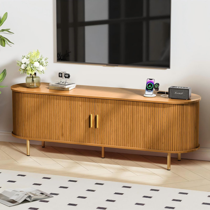 Tv Stand With Power Outlet For Tvs Up To 70 Inch, Entertainment Center With Storage And Adjustable Shelves, Mid Century Modern Media Console With Sliding Doors For Living Room