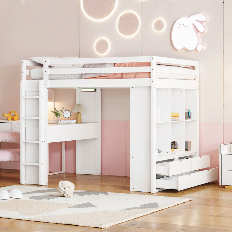Lit mezzanine double avec grandes tablettes