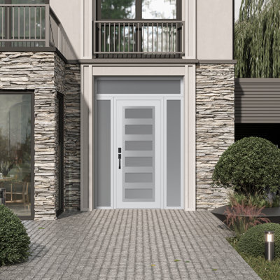 C9 Right-Hand 64 In. X 96 In. Panel Steel White And White Frosted Glass With 2 Sidelites And Transom Frosted Glass Prehung Front Entry Door