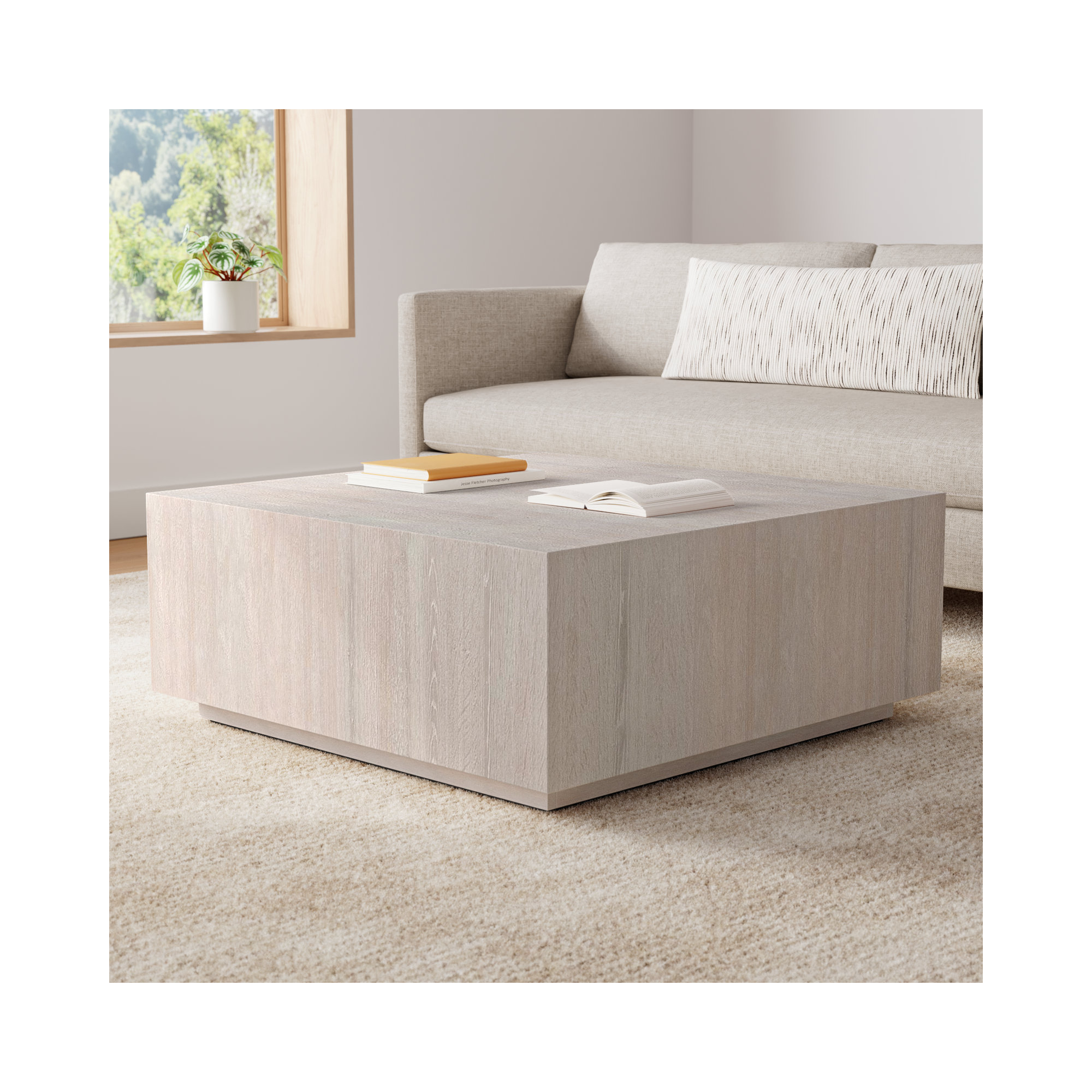 Taryn 42" Block Coffee Table, White Wash
