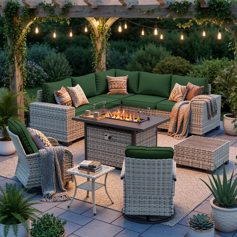 10-Piece Outdoor Patio Sectional Conversation Set With Fire Pit Table And Swivel Rocker Chairs, Forest Green