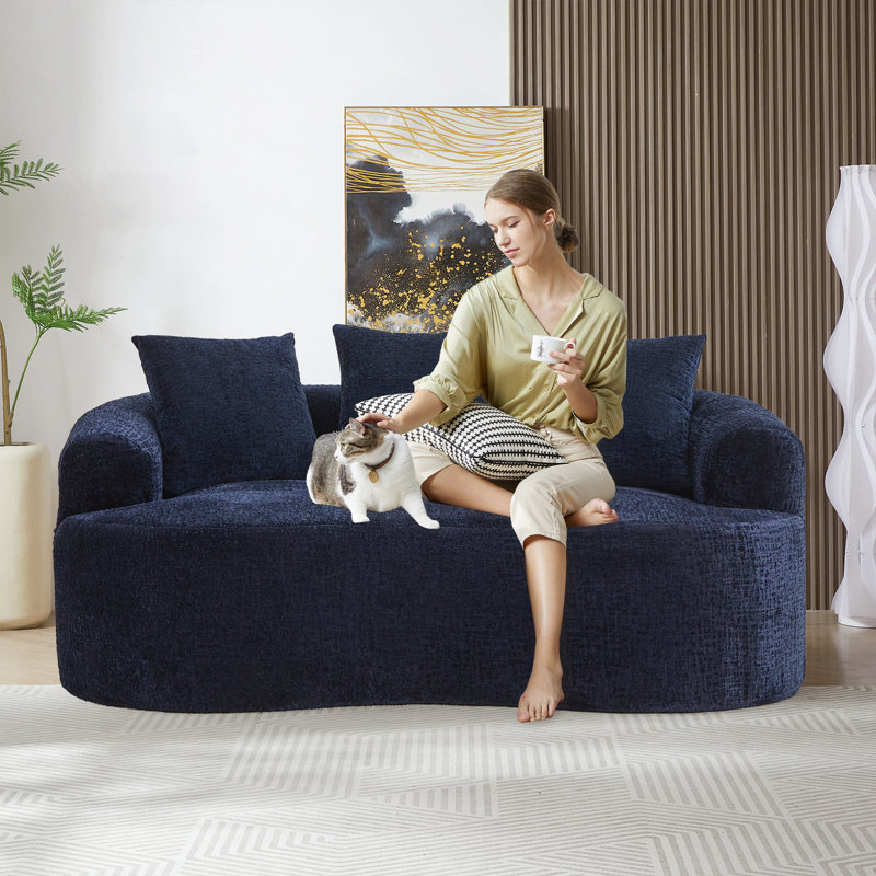 Curved Modern Boneless Loveseat,Chenille Sofa Couch, Blue