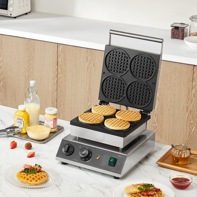 Commercial Waffle Maker, 4PCS Round Waffle Baker Machine, 1750W Non-Stick Stainless Steel Belgian Waffle Iron with Temperature and Time Control, Designed for Restaurant Bakery Snack Bar Family