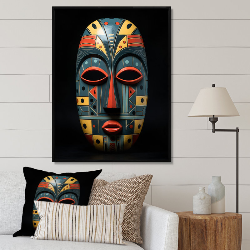 Masque africain tribal Izaiha - impression, H 32 po x l 24 po x P 1 po, Cadre flottant noir