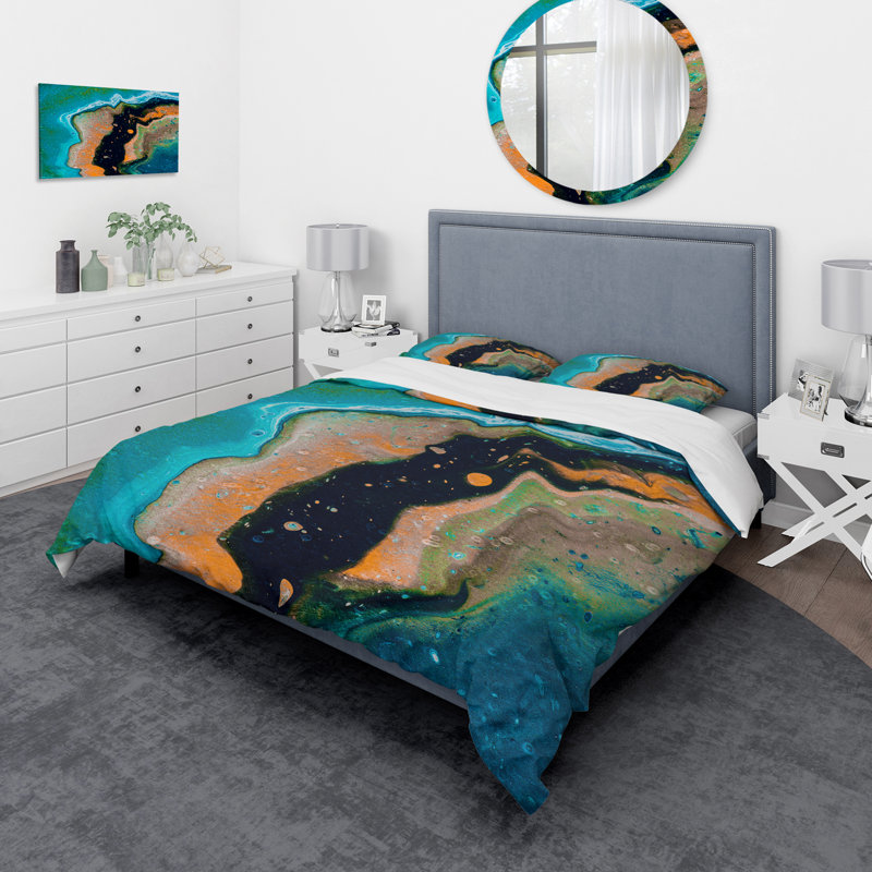 Ensemble de housse de couette en microfibre orange / turquoise / noir, Housse de couette pour grand lit et 2 taies décor