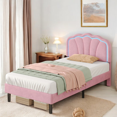 Upholstered Bed Pink Velvet With LED Adjustable Shell Shape Headboard (No Mattress)