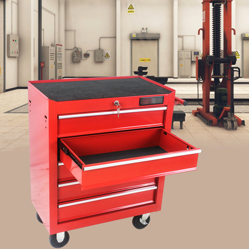 Rangement à outils 5 tiroirs rouge avec système de verrouillage et roues pour garage mobile, Rouge