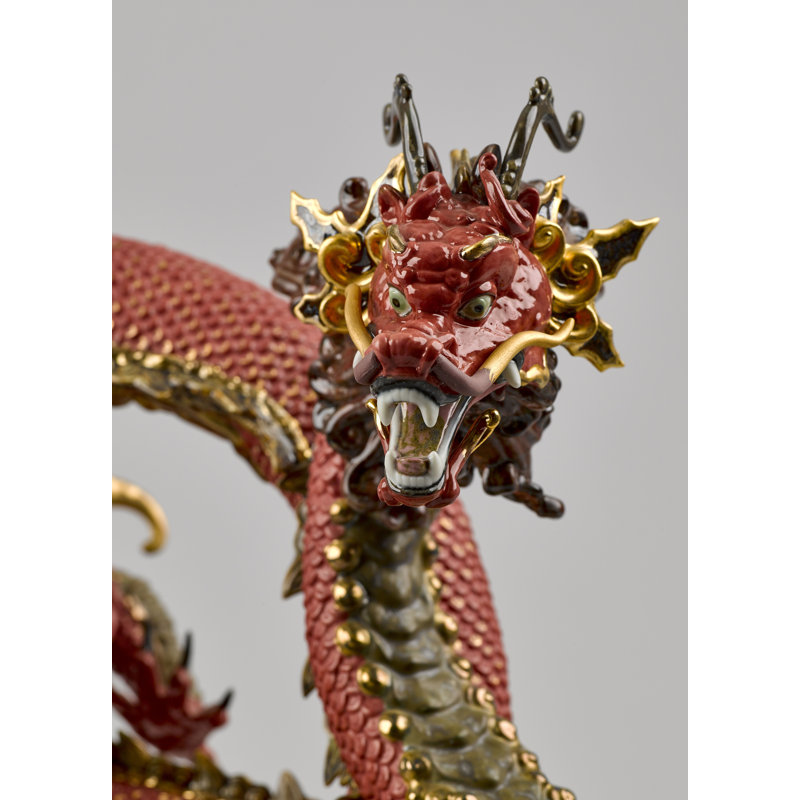 Auspicious Dragon Figurine, Red/Yellow/Gray