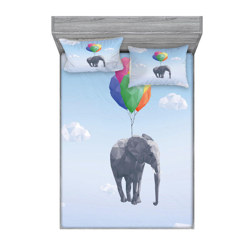 Ensemble de draps en microfibre Éléphant attaché à des ballons dans le ciel, Ensemble de drap pour grand lit avec drap-housse