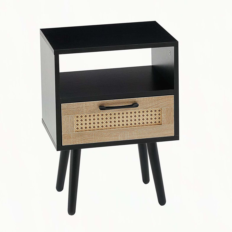Table de bout en rotin de 15,75 po avec tiroir et pieds en bois massif, table de chevet moderne, table d'appoint pour le salon, la chambre à coucher, noir