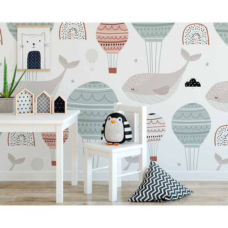 Kids Air Balloon Whale Removable Wallpaper, 105.96" L x 187" W