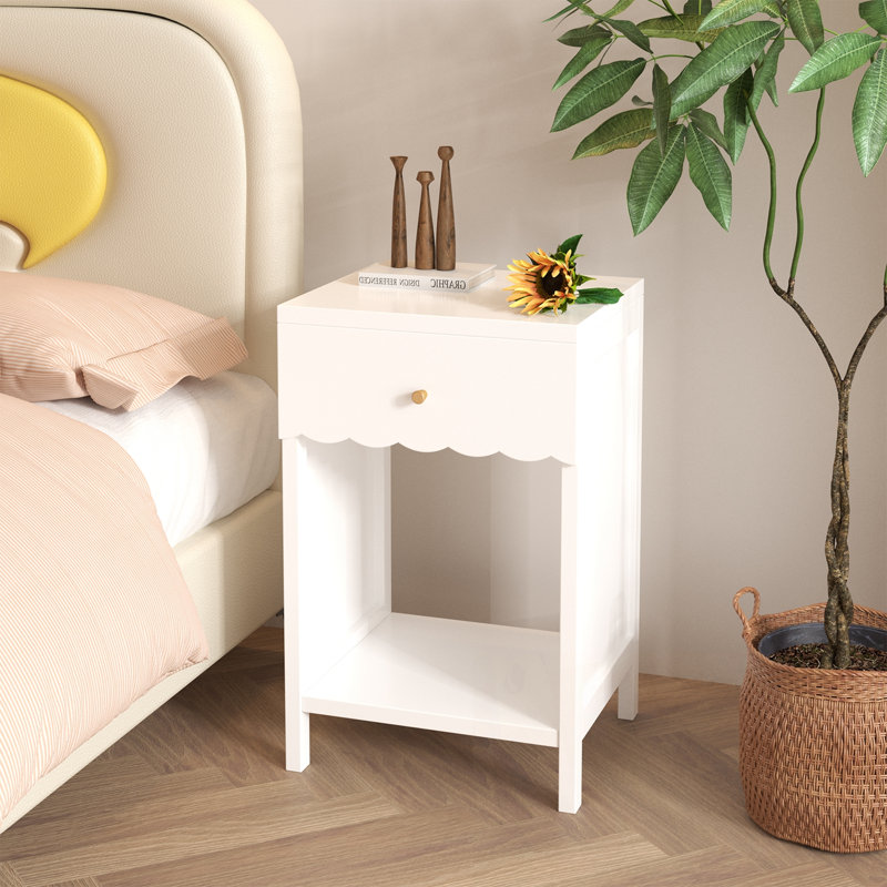 Modern White Nightstand with Drawer and Open Shelf,Scalloped Edge Bedside Table for Bedroom, Cute Minimalist Side Table for Kids Room or Girls' Room
