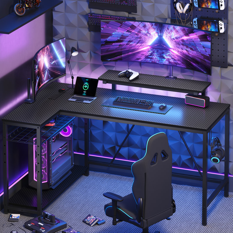 Baford L-shaped Computer Desk with Power Outlet, Gaming Desk with Monitor Stand and Shelves, Carbon Fiber Black/Black