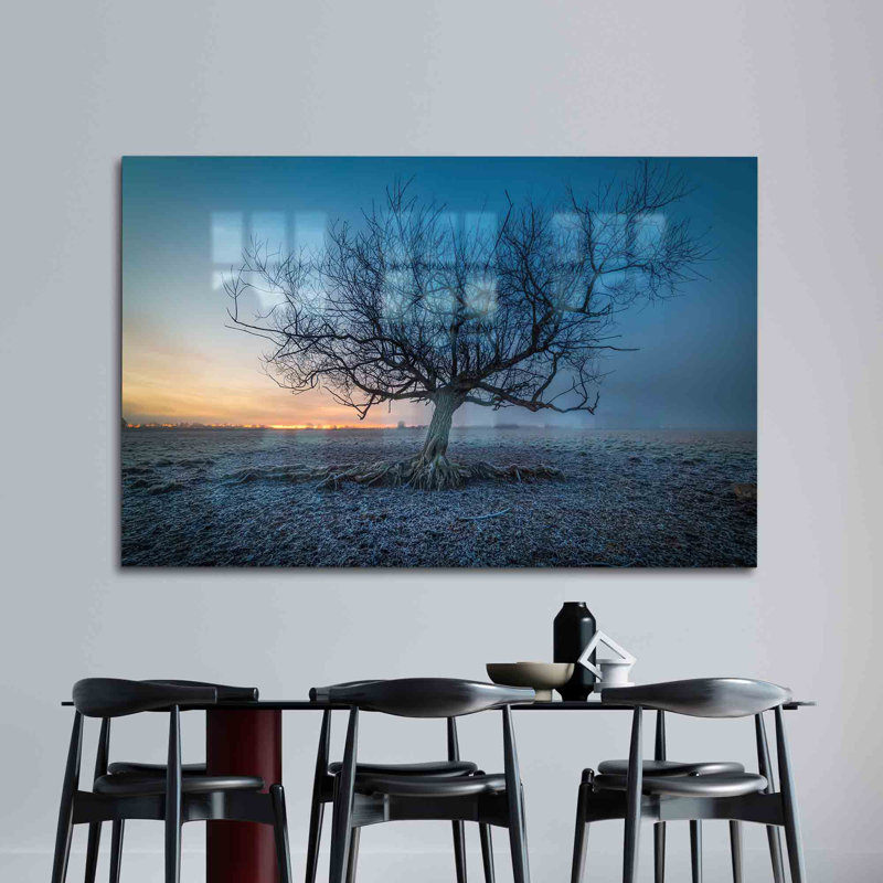 Superbe art mural en verre trempé avec une vue artistique du coucher du soleil avec un arbre pour la décoration intérieure | Rectangle