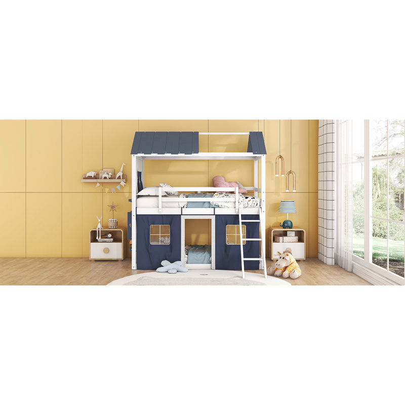 Lit superposé en bois avec fenêtres élégantes, Bleu, Lit simple