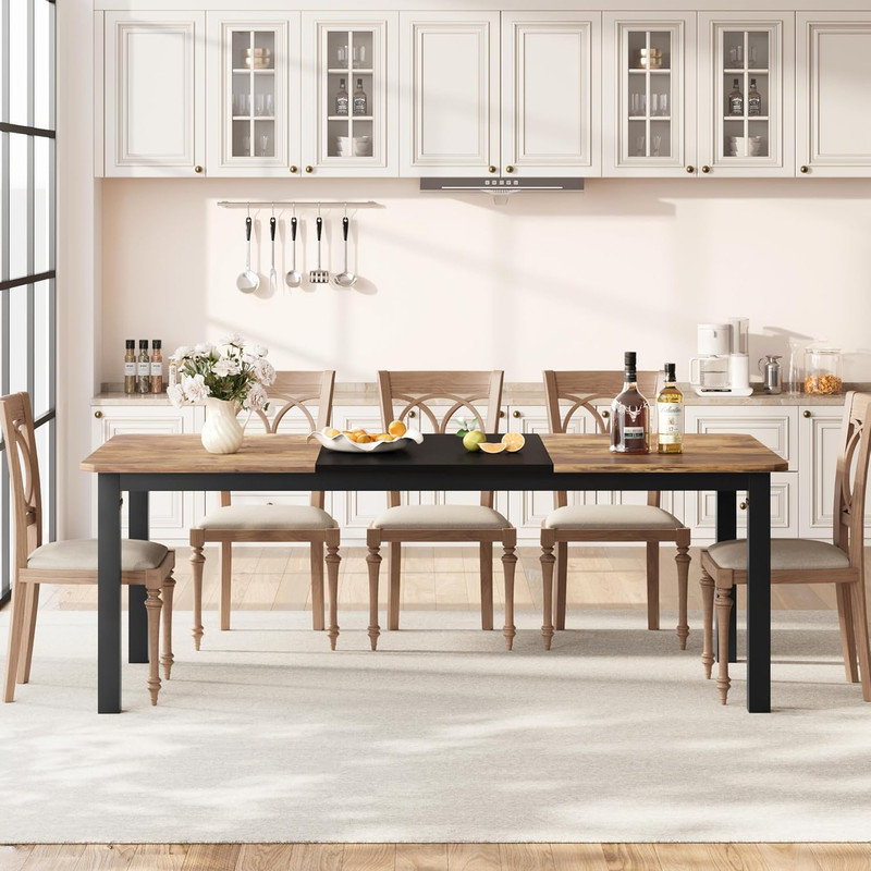 78.7" Industrial Dining Table for 6-8, Two-Tone Black & Brown Rectangle Table with Metal Legs