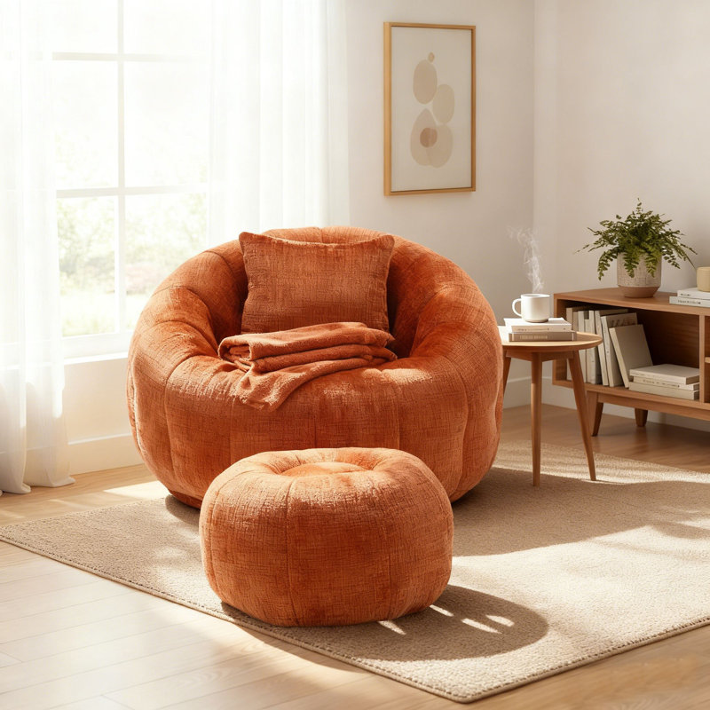 Ensemble de fauteuil à billes et de repose-pieds en mousse viscoélastique Cloud-Like, Chenille orange