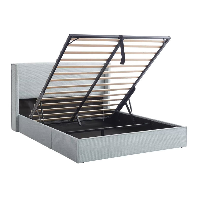 Lit plateforme de rangement relevable de style scandinave moderne, en velours côtelé, bleu pâle, avec tête de lit à oreilles et revêtement en velours côtelé.