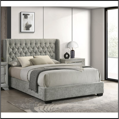 1Pc Contemporary Upholstered Bed Frame Tufted Headboard Soft Tweed Fabric Winged Headboard Gray