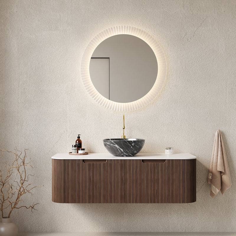 Meuble-lavabo flottant moderne avec lavabo en céramique, rangement élégant en noyer, idéal pour les salles de bain contemporaines