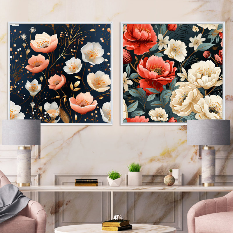 Ilyan - Ensemble de 2 collages carrés floraux, Cadre flottant blanc, H 16 po x l 33 po