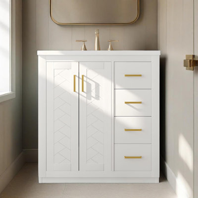 Ensemble de meuble-lavabo autoportant 30 po avec lavabo en céramique, 3 tiroirs et portes à fermeture douce