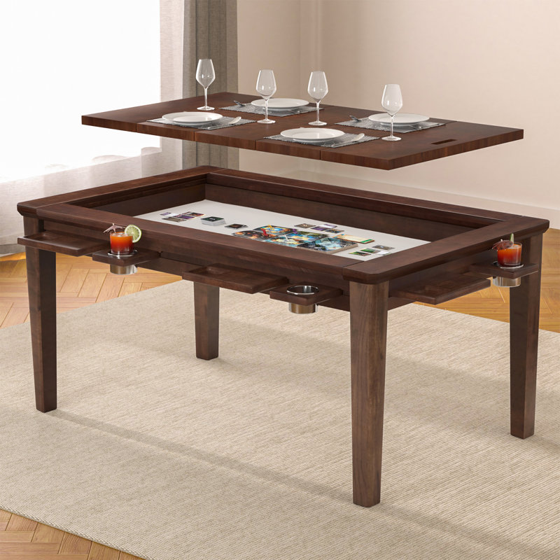  Table de jeu en bois massif pour 4 à 6 personnes, table D & D / Puzle avec tapis de jeu, 6 porte-gobelets et plateaux de loisirs, table de salle à manger avec plateau amovible