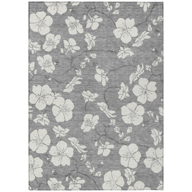 3' X 5' Gray And Ivory Floral Washable Indoor Outdoor Area Rug