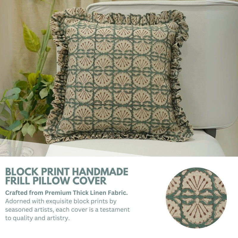 Fabdivine Handmade Frill Both Side Linen, Rust Block Print, Bejini, Green, Rectangle, 20"H x 12"W