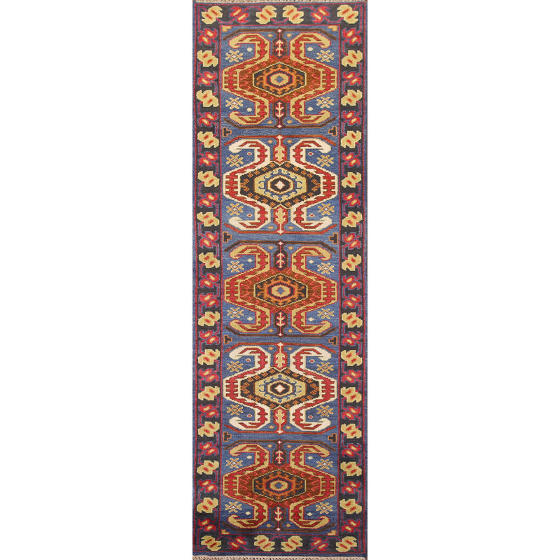 Tapis de couloir bleu en laine fait à la main 2 x 8 po