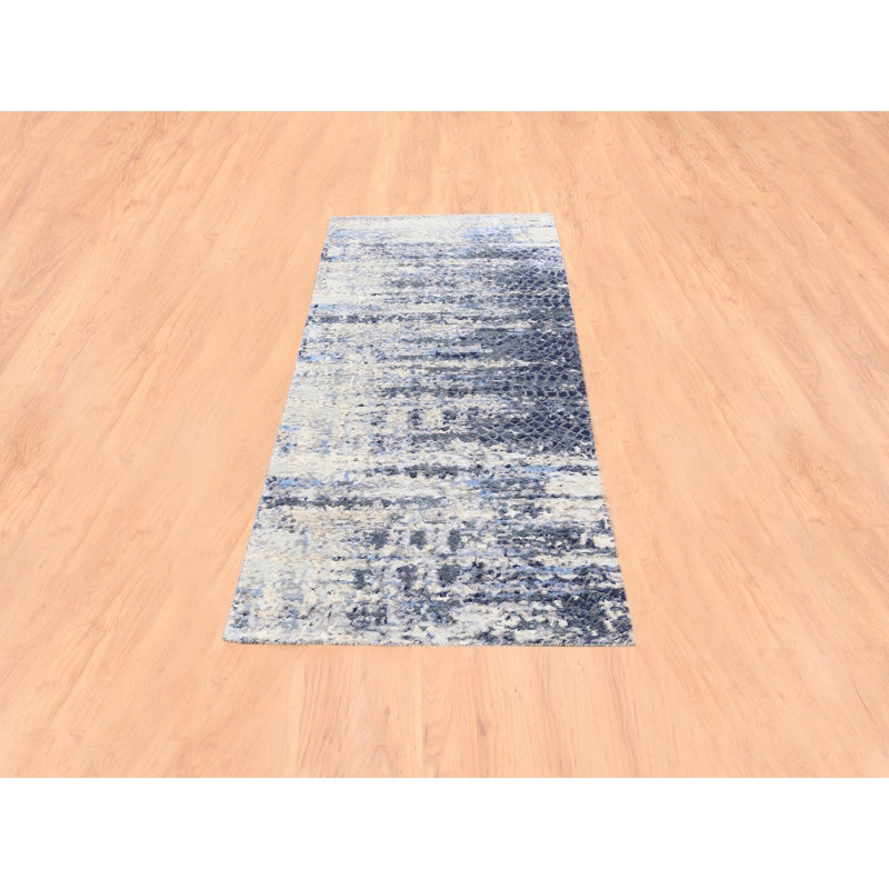 Tapis de couloir bleu en laine et soie à motif mosaïque abstrait 2 pi 5 po x 6 pi 1 po A62924D66B1A4657AE7CD632126897BC