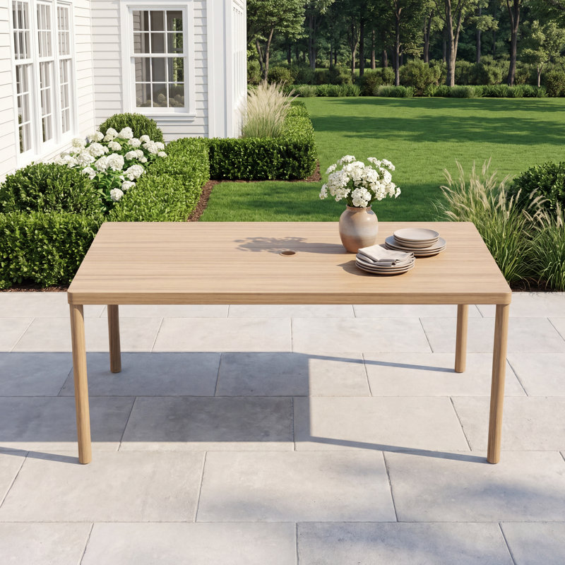 Andersonville Modern Wood-Look Metal Patio Dining Table for 6 Person with Umbrella Hole, Large 65" Outdoor Rectangular Table for Backyard & Patio