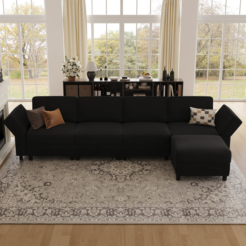 Upholstered Modular Sofa Sectional With Ottoman, Black Velvet