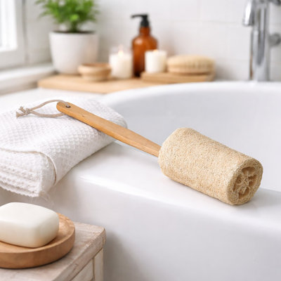 Natural Wooden Handle Body Loofah – Long Exfoliating Shower Sponge
